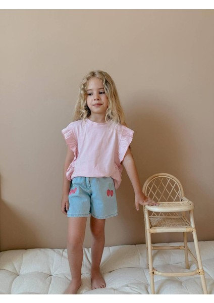 Yigit Butik Kiraz Nakışlı Denim Şortlu Kız Çocuk Takım