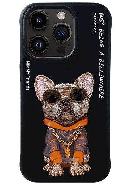 iPhone 15 Pro Uyumlu 3D Gözlük Zincir Köpek Detaylı Nakış İşlemeli Kabartmalı Cool Glasses Kılıf