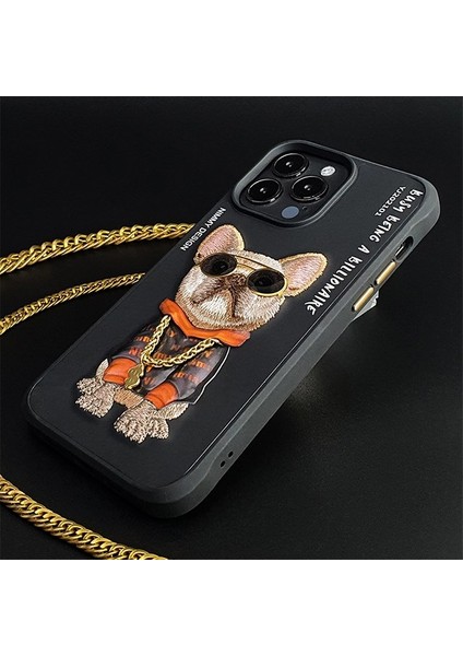 iPhone 15 Pro Uyumlu 3D Gözlük Zincir Köpek Detaylı Nakış İşlemeli Kabartmalı Cool Glasses Kılıf indirimleri