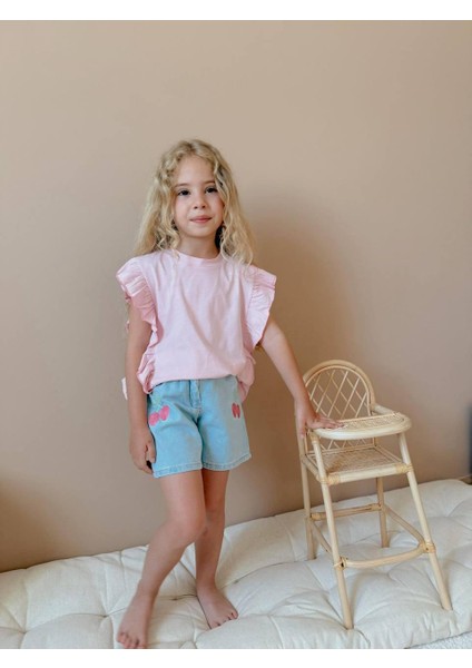 Yigit Butik Kiraz Nakışlı Denim Şortlu Kız Çocuk Takım modelleri