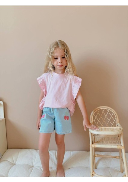 Yigit Butik Kiraz Nakışlı Denim Şortlu Kız Çocuk Takım fırsatları