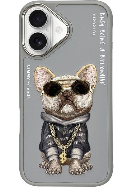 iPhone 16 Uyumlu 3D Gözlük Dolar Zincir Köpek Detaylı Nakış İşlemeli Kabartmalı Cool Glasses Kılıf