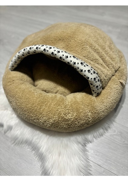 Pet Simit Mağara Yatak Xl - Kedi, Küçük Irk Köpek Yatağı 60X60X18CM Peluş Kumaş Kahverengi,