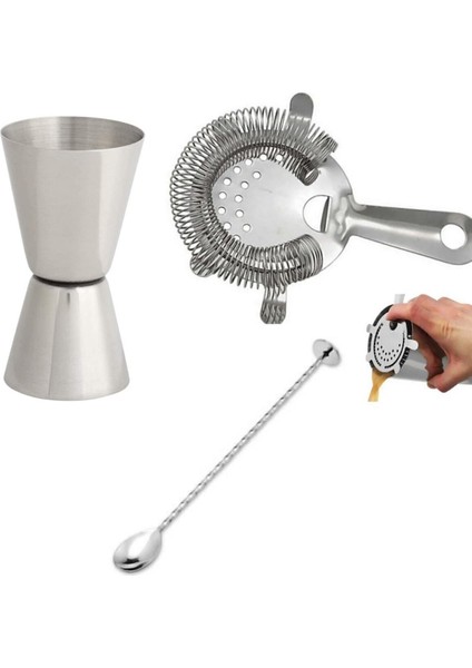 3 Parça Bar Takımı: Jigger, Süzgeç, Tokmaklı Kaşık ve Ölçek Seti