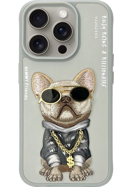 iPhone 15 Pro Uyumlu 3D Gözlük Dolar Zincir Köpek Nakış İşlemeli Kabartmalı Cool Glasses Kılıf