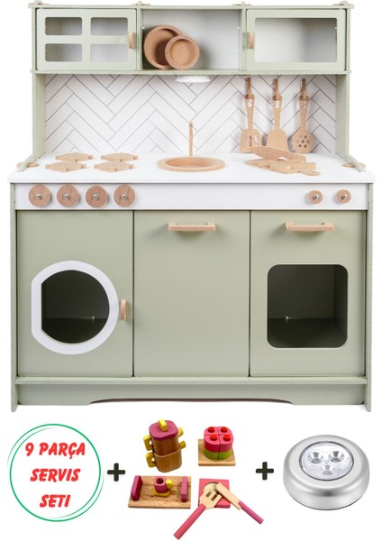 Ahşap Oyuncak Mutfak 9 Parça Servis Seti + LED Hediye + Pasta Seti Çaydanlık Hediyeli