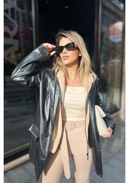 Kapişon Detaylı Deri Ceket Siyah