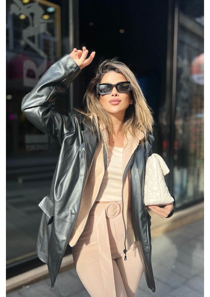 Kapişon Detaylı Deri Ceket Siyah modelleri