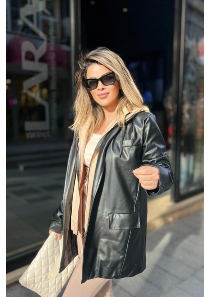 Kapişon Detaylı Deri Ceket Siyah fırsatları