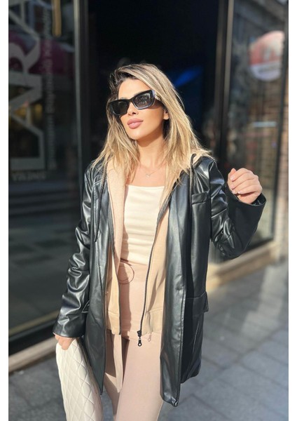 Kapişon Detaylı Deri Ceket Siyah indirimleri