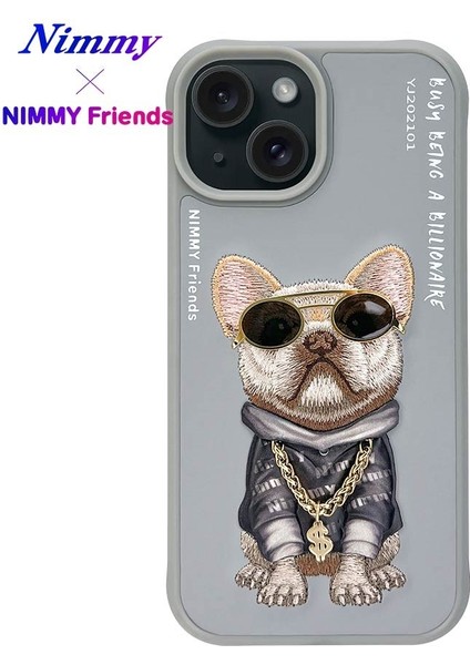 iPhone 15 Uyumlu 3D Gözlük Dolar Zincir Köpek Detaylı Nakış İşlemeli Kabartmalı Cool Glasses Kılıf