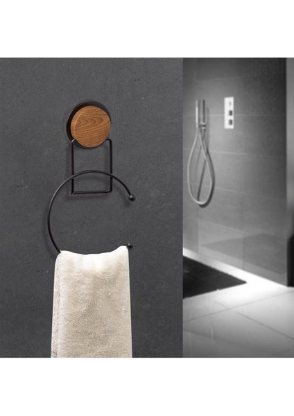 Siyah Yuvarlak Metal Havluluk, Ahşap Desenli Tasarım, Pratik ve Şık Kullanım