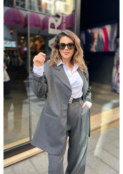 Tasarım Uzun Çizgili Blazer Ceket Antrasit fiyatları