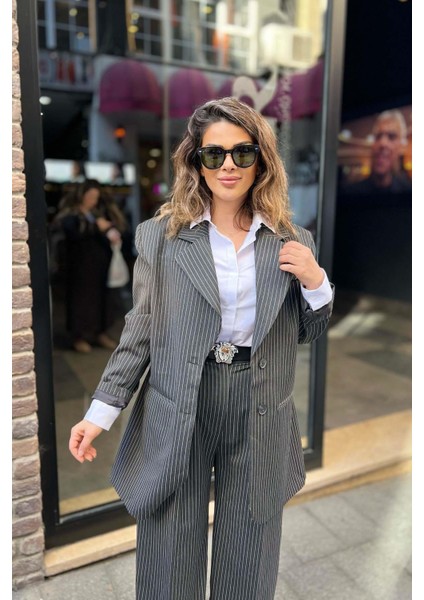 Tasarım Uzun Çizgili Blazer Ceket Antrasit modelleri