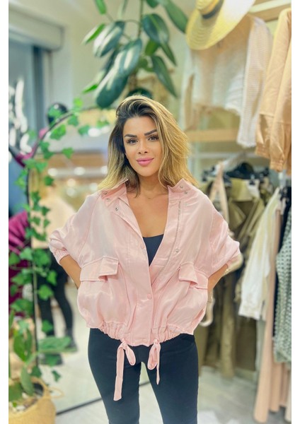 Hafif Parlak Alt Büzgülü Ceket Toz Pembe
