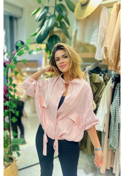 Hafif Parlak Alt Büzgülü Ceket Toz Pembe modelleri