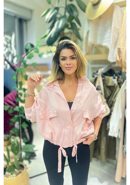 Hafif Parlak Alt Büzgülü Ceket Toz Pembe indirimleri