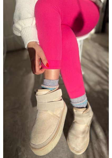 Fitilli Içi Şardonlu Yüksek Bel Tayt Pembe