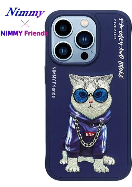 iPhone 15 Pro Uyumlu 3D Gözlük Zincir Handsome Kedi Nakış İşlemeli Kabartmalı Cool Glasses Kılıf