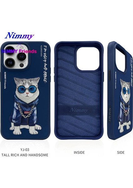 iPhone 15 Pro Uyumlu 3D Gözlük Zincir Handsome Kedi Nakış İşlemeli Kabartmalı Cool Glasses Kılıf