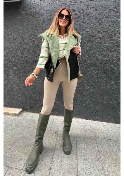 Fitilli Içi Şardonlu Yüksek Bel Tayt Krem