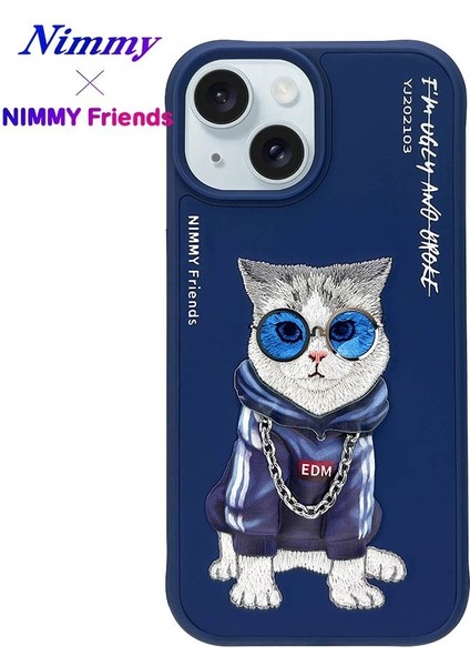 iPhone 15 Uyumlu 3D Gözlük Zincir Handsome Kedi Detaylı Nakış İşlemeli Kabartmalı Cool Glasses Kılıf