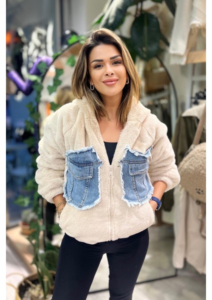 Kapişonlu Kot Detay Peluş Mont Taş