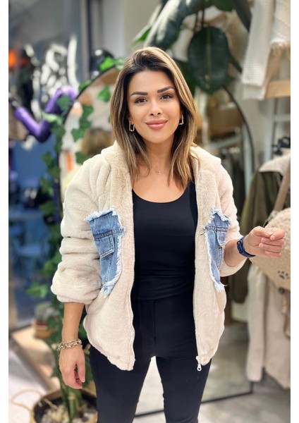 Kapişonlu Kot Detay Peluş Mont Taş modelleri