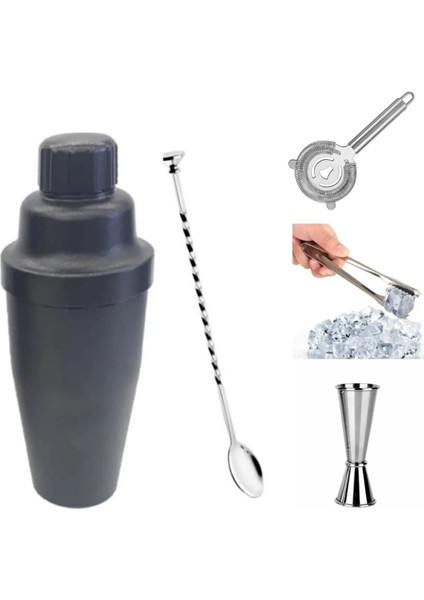 5 Parça Kokteyl Seti Shaker 700 ml Jigger 3/6 cl Tokmaklı Bar Kaşığı Bar Süzgeci Buz Maşası