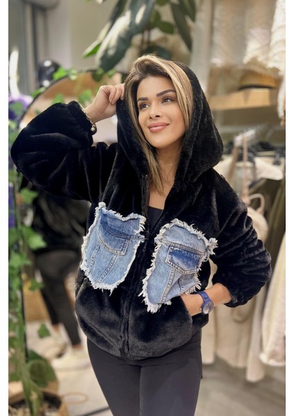 Kapişonlu Kot Detay Peluş Mont Siyah