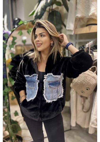 Kapişonlu Kot Detay Peluş Mont Siyah modelleri