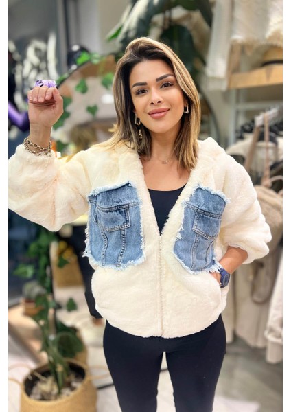 Kapişonlu Kot Detay Peluş Mont Krem