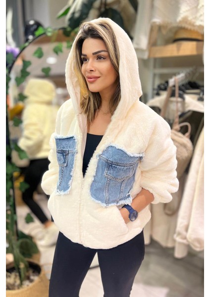 Kapişonlu Kot Detay Peluş Mont Krem fiyatları