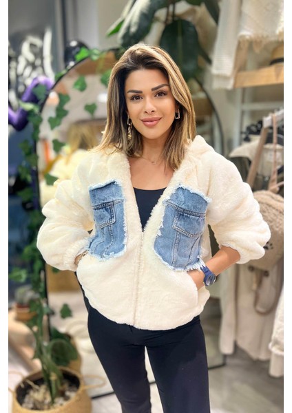 Kapişonlu Kot Detay Peluş Mont Krem modelleri