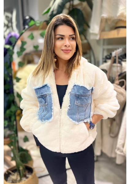 Kapişonlu Kot Detay Peluş Mont Krem indirimleri