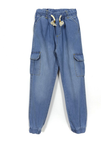 Bağcıklı Kargo Cep Erkek Çocuk Jogger Denim Jean Kot Pantolon Mavi 001-0002064