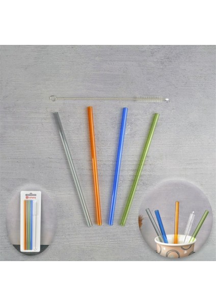Cam Pipet 4lü + Fırça Kokteyl Karıştırıcı Kokteyl Kaşığı Bar Koktely Kaşığı 5li Bar Pipet