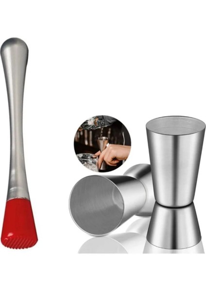Mojito Tokmağı + 2/4 cl Jigger Kokteyl Ölçeği Tokmak Kokteyl Seti Bartender Koktely Seti