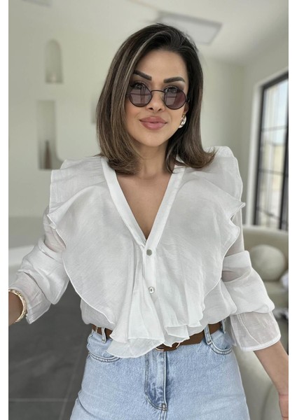 Kolu Lastikli Fırfır Yaka Gömlek Beyaz modelleri