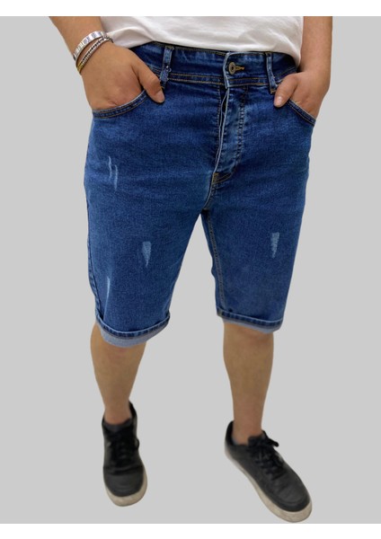 Erkek Sers Denim Pamuklu Slim Fit Mavi Tırtıklı Kot Kapri