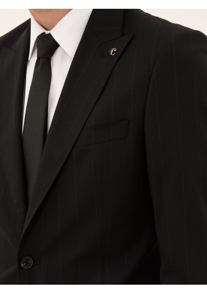 Erkek Siyah Slim Fit Çizgili Yün Karışımlı Takım Elbise 50289000-VR046