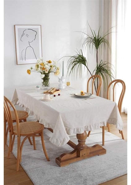 Vintage Keten Fırfırlı Masa Örtüsü Dayanıklı Pamuk Keten - 16 En Boy Seçenekli modelleri
