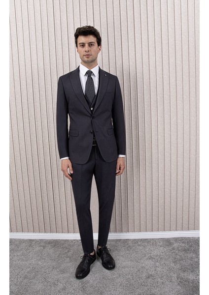 Erkek Likralı Slim Fit Sivri Yaka Yelekli Takım Elbise