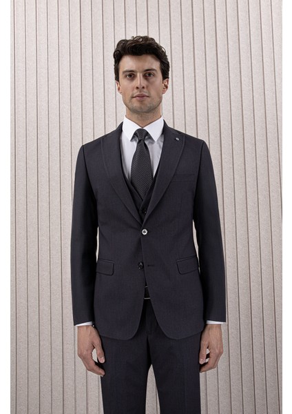 Erkek Likralı Slim Fit Sivri Yaka Yelekli Takım Elbise