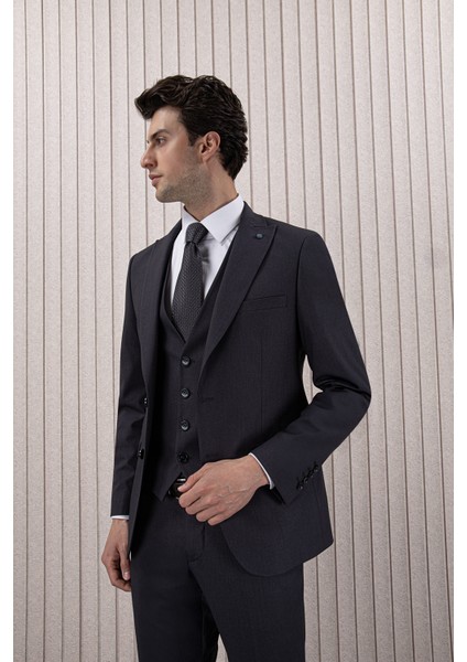 Erkek Likralı Slim Fit Sivri Yaka Yelekli Takım Elbise