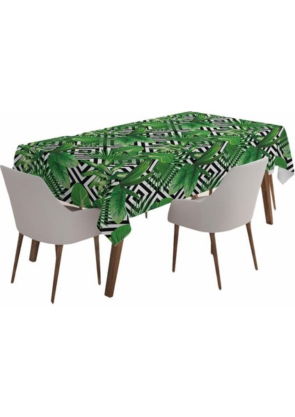 Tropik Yapraklar ve Zigzag Çizgiler Desenli Leke Tutmaz Masa Örtüsü