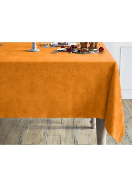 Turuncu - Oranj Renk Dikdörtgen, Kadife Dokulu, Dertsiz, Masa Örtüsü