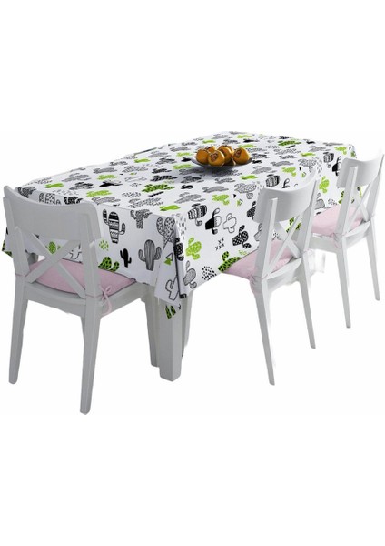 Yeşil Siyah Beyaz Kaktüs Desenli Dijital Baskılı Leke Tutmaz Masa Örtüsü