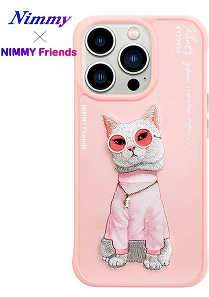 iPhone 15 Pro Uyumlu 3D Gözlük Zincir White Kedi Nakış İşlemeli Kabartmalı Cool Glasses Kılıf
