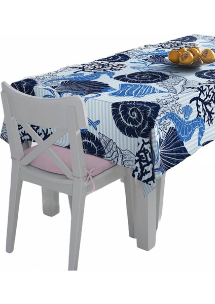 Mavi Zeminde Deniz Kabukları Desenli Leke Tutmaz Masa Örtüsü